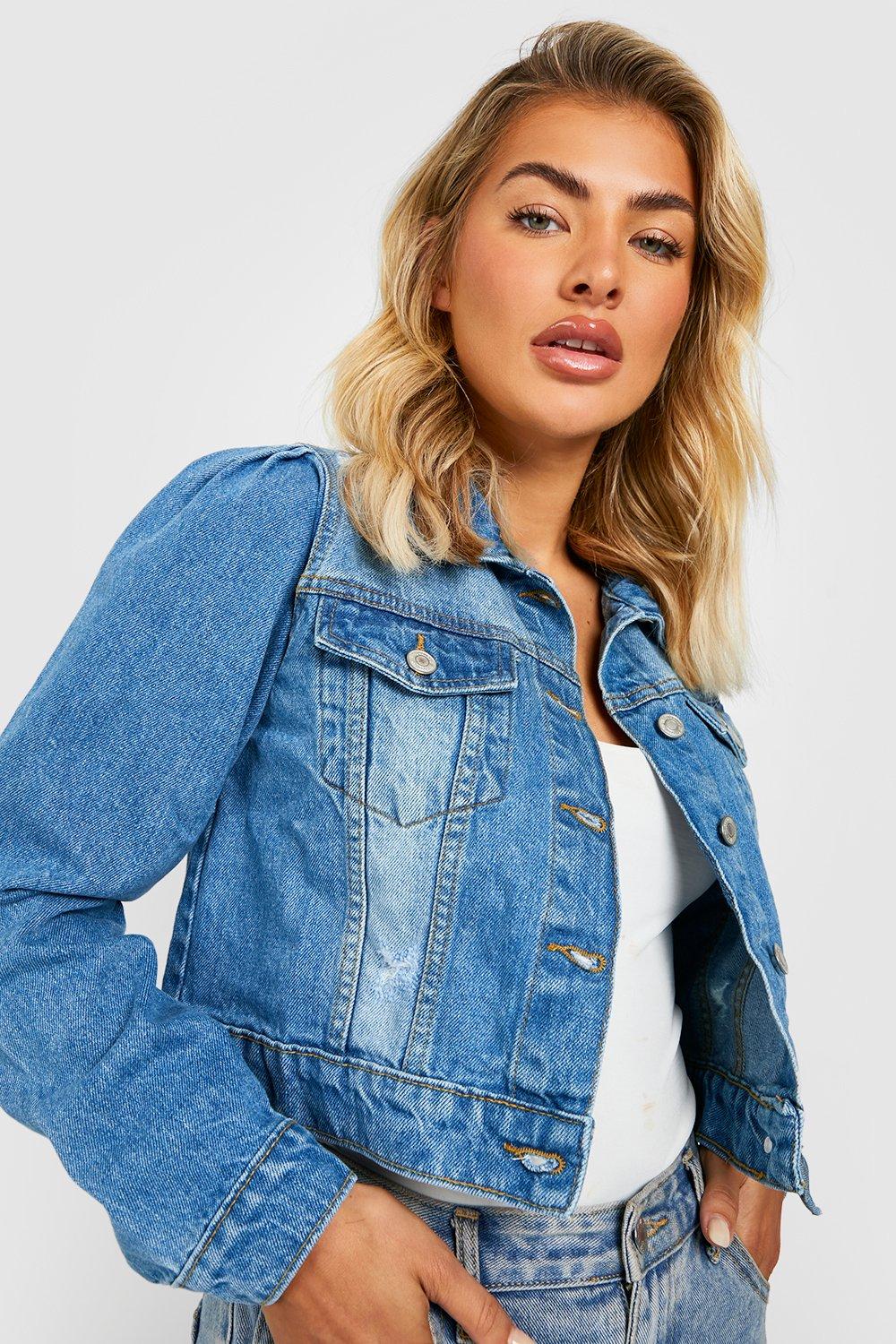 Distressed Puff Shoulder Detail Denim Jacket